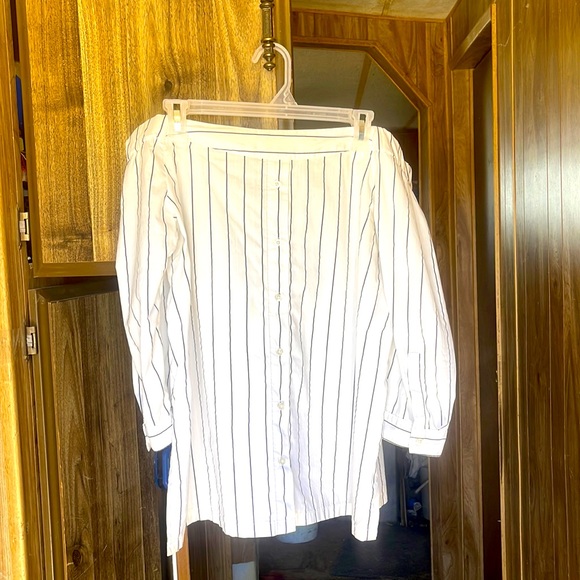 White w/black stripes cotton off the shoulder button sleeve button back L Kenar - Picture 1 of 4